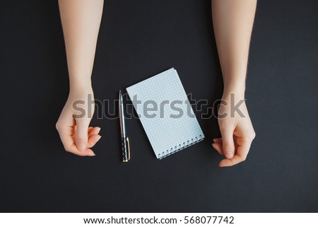 Business work place with hands, top view