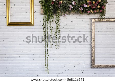 vintage frames on white brick wall. background.