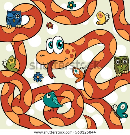 Seamless cartoon pattern - snake and other friendly animals.