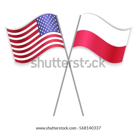 American and Polish crossed flags. United States of America combined with Poland isolated on white. Language learning, international business or travel concept.