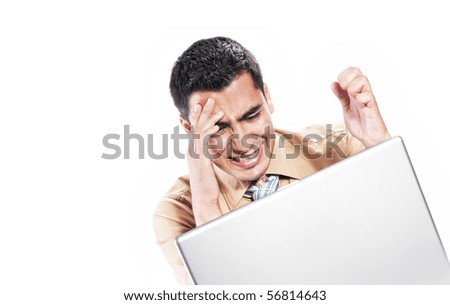 Businessman using laptop and found virus, isolated on white