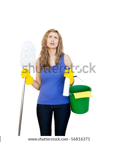 Unhappy woman with cleaning utensils against wihite background