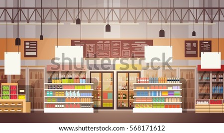 Big Shop Super Market Shopping Mall Interior Flat Vector Illustration Royalty-Free Stock Photo #568171612