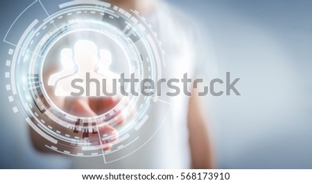 Businessman on blurred background using blue social network 3D rendering