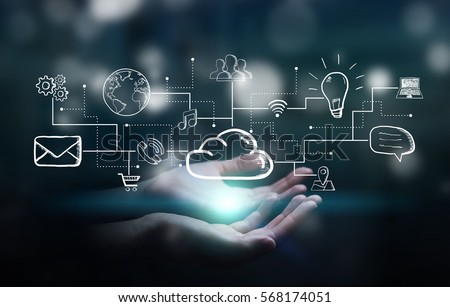 Businessman holding multimedia network with his hand 3D rendering