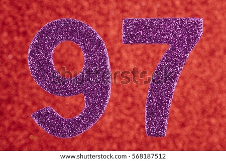 Number ninety-seven purple color over a red background. Anniversary. Horizontal