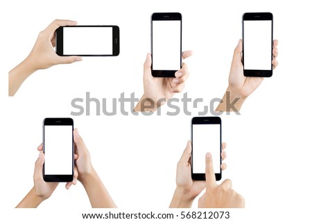  Woman hand holding smartphone isolated on white background.  white screen Royalty-Free Stock Photo #568212073