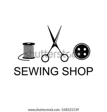 Tailor shop icon isolated. Vector illustration with scissors, thread, button.