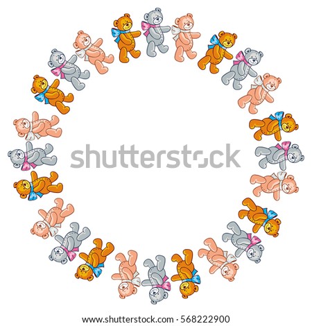 Round frame with cute teddy bears. Children toys. copy space. Raster clip art.