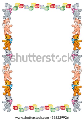 Vertical frame with cute teddy bears. Children toys. Copy space. Raster clip art.