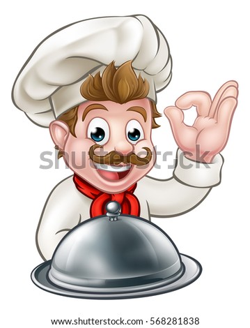 Cartoon chef or baker character holding a silver cloche food meal plate platter and giving a perfect okay delicious cook gesture