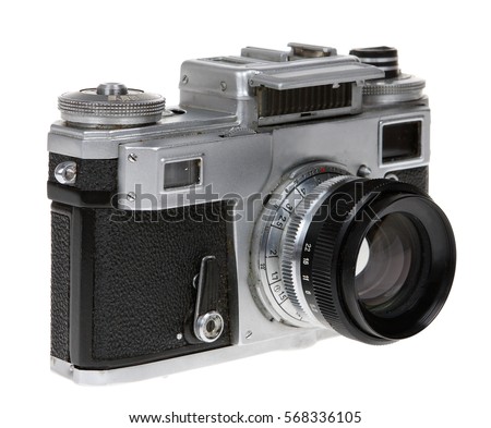 Dusty old Soviet camera "Kiev 4a" on the white background
 Royalty-Free Stock Photo #568336105