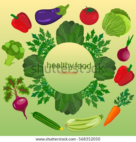 Eco food menu background. Fresh organic food, healthy eating vector background with place for text.