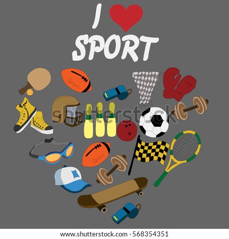 sports equipment: balls, rackets, hats, a bowling ball, dumbbells, whistle on a gray background