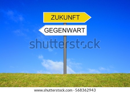 Signpost outside is showing Present and Future in german language