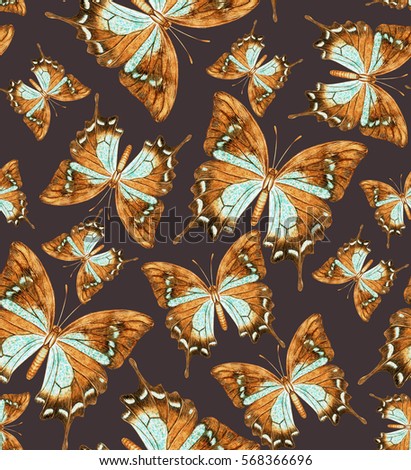 hand painted detailed watercolor butterfly seamless pattern. botanical illustration background. 