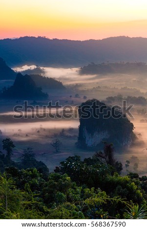 Sunshine on the morning mist At Phu Lang Ka, Phayao, Thailand