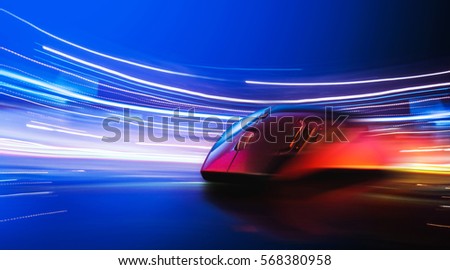 High technology computer gaming mouse fast moving  in blue tone with stroke of lightning as background 