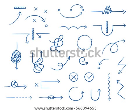 Set of different thin curved and tangled arrows for work flow charts, video clips or info graphics. Hand drawn doodle cartoon vector illustration.