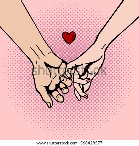 Couple in love hold hands pop art style hand drawn vector illustration. Comic book style imitation. Vintage retro style. Conceptual illustration