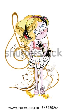 Little girl in headphones with a dog listening to music. Treble clef with notes. T-shirt graphics. 