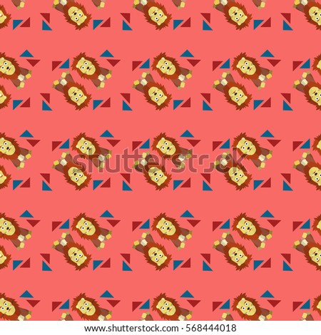 Seamless texture with lion and triangle. Cute animal on pink background 