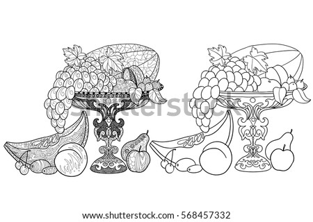 Hand drawn doodle fruit in a vase coloring book page for adults. Grapes and peaches still life.