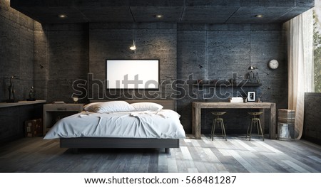 Loft Style Bedroom Interior Design with Mock up Picture Frame. 3D Rendering Royalty-Free Stock Photo #568481287