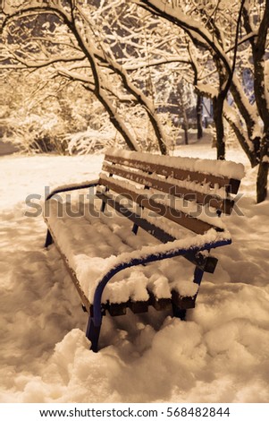 Lonely snow-covered wooden bench in winter park at night