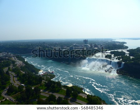 Niagara Falls, Ontario, Canada, America. 07 July 2015. Aerial view of the falls from the Canadian side of the borders on a sunny day. Mainly blue tones