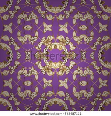 Radial gradient shape. Seamless vintage pattern on lilac background with golden elements. Snowflake, New Year, Christmas.