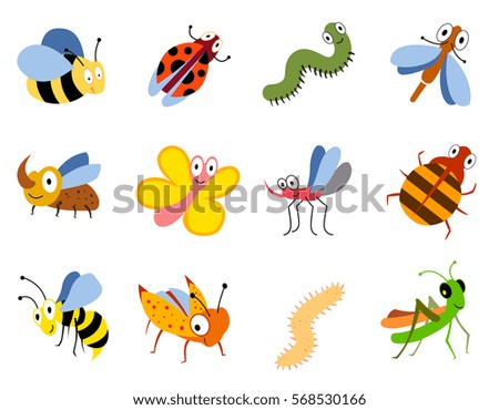 Funny insects, cute cartoon bugs vector set. Colored insects bee butterfly and ladybird, collection of cute insects.