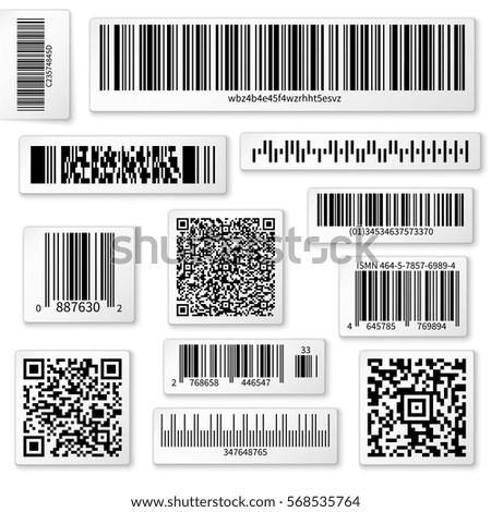Packaging labels, bar and QR codes on white vector stickers. Code qr for identification product in shop, scan data with using bar code illustration.