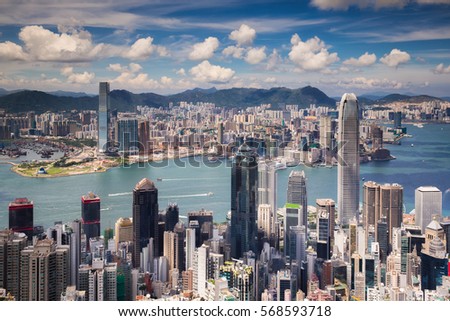 View point of Hongkong city and Kowloon city from the top of victoria peak, Hong kong island, China Royalty-Free Stock Photo #568593718