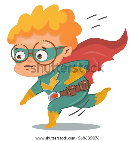 Superhero kid in green costume in cloak vector cartoon character isolated on a white background.