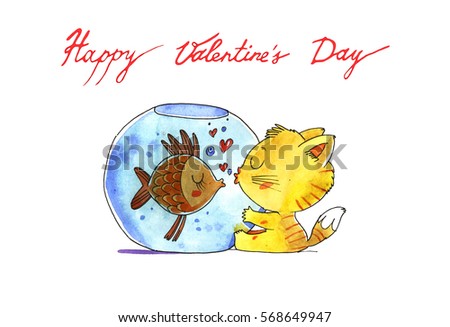 Cat and fish in aquarium. Watercolor illustration isolated on white background