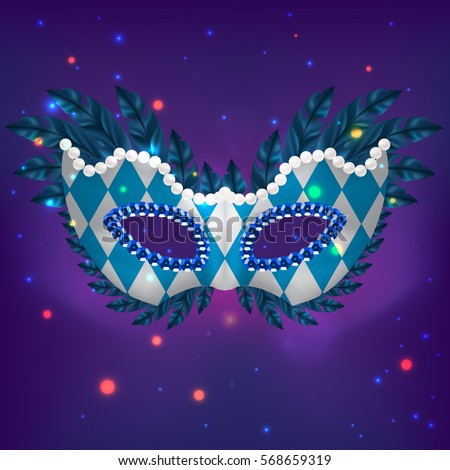 Mardi grass holliday mask with checkered blue ornament and feathers. Vector illustration.