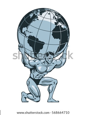 Atlas or titan kneeling carrying lifting globe world earth on his back. Bodybuilder. Vector illustration. Royalty-Free Stock Photo #568664710