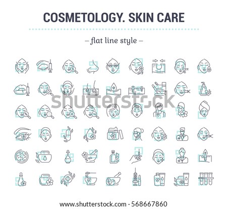 Vector graphic set.Icons in flat, contour,thin and linear design.Cosmetology. Skin care.Simple isolated icons.Concept illustration for Web site app.Sign,symbol,element. Royalty-Free Stock Photo #568667860