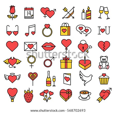 Flat line colorful Valentine icons collection.