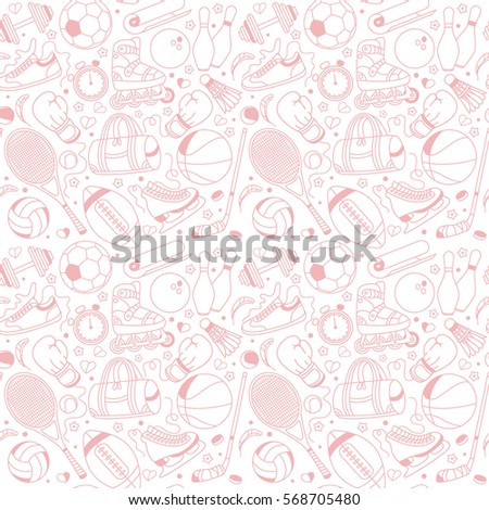 Seamless sport pattern on transparent background. Sport set in hand draw style. Sketchy sport background with tennis, basketball, football, volleyball, hockey, fitness, boxing, running, badminton.