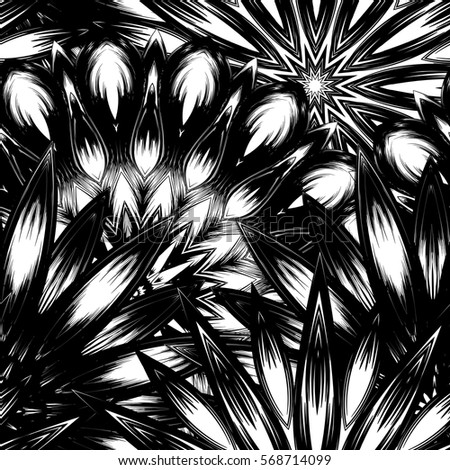 Seamless floral background. Tracery handmade nature ethnic fabric backdrop pattern with flowers. Textile design texture. Decorative binary monochrome black and white art. Vector.