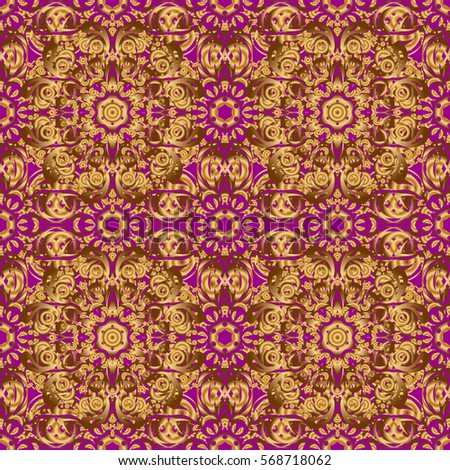 Vector abstract seamless pattern with golden geometrical elements. Golden stylized stars on a purple background. Fan shaped Christmas gold. New Year 2018 holiday decoration.