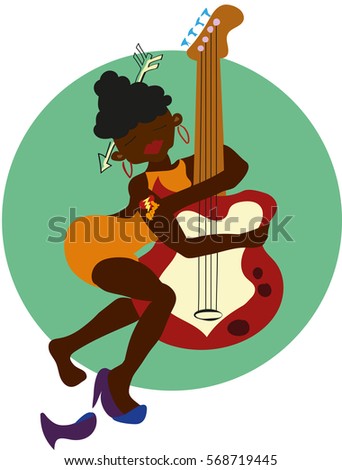 Afro american girl in high heels standing with a bass guitar. Cartoon sticker.