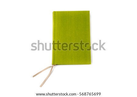 Green planner, notebook isolated on white background. Diary, paper page business organizer. Weekly schedule note book for office work, school, education. Top view.