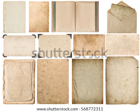 Paper with edges, book, envelope, cardboard, photo frame corner isolated on white background. Set scrapbook objects