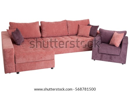 Corner sectional sofa-bed of pink, queen size, isolated on white background, saved path selection.