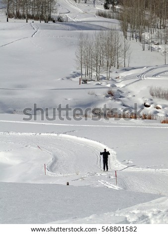 Cross country skiers skate across snowy meadows    Colorado