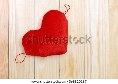 Valentines day background with red hearts over wood. Top view with copy space
