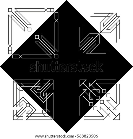 Four different abstract geometric border corner elements set in white color on black background and black color on white background.